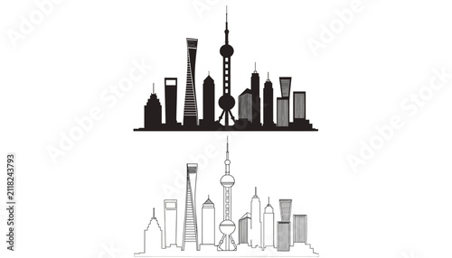 Shanghai skyline silhouette icons set in black and white line art