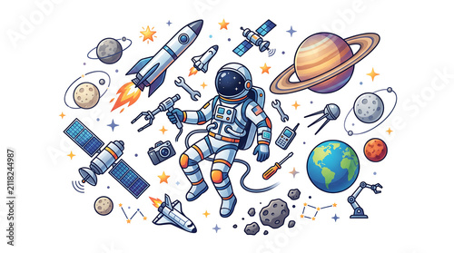Colorful illustration of an astronaut exploring space with planets and rockets.