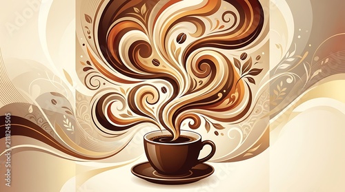 Steaming Coffee Cup with Swirling Aroma and Decorative Flourishes, Morning Beverage Concept, Artistic Cafe Visual