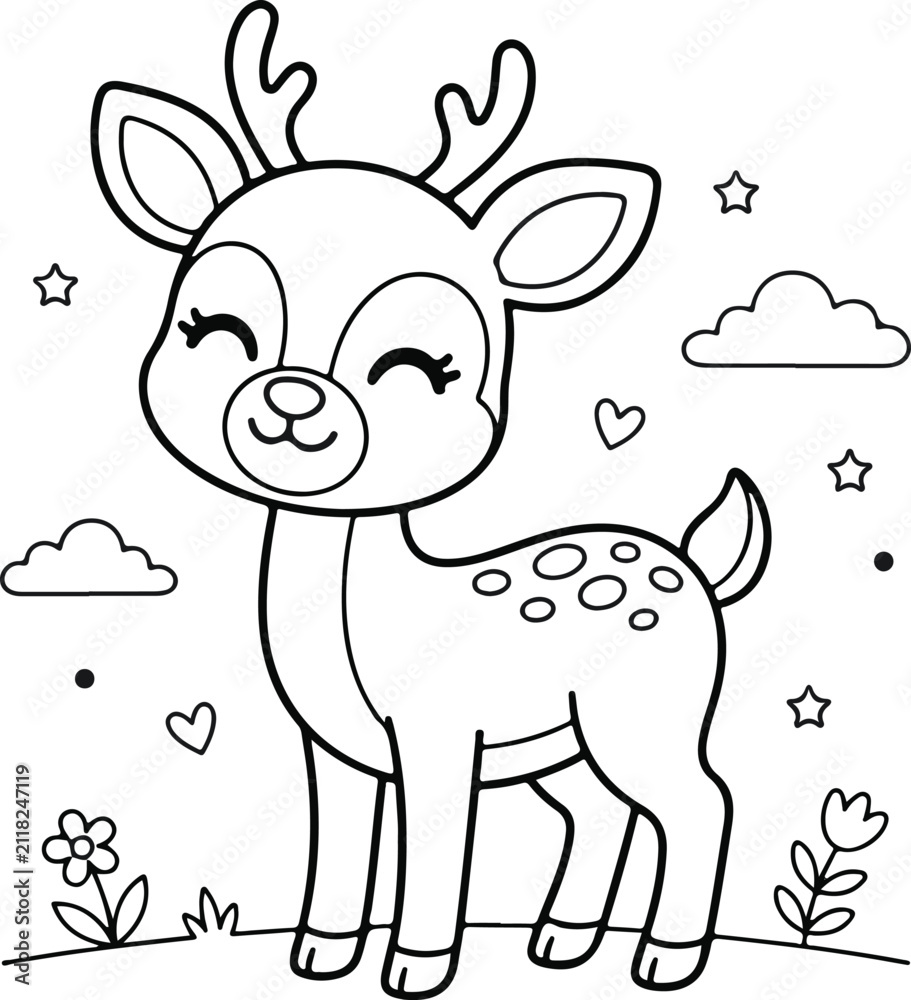 Obraz premium Cute cartoon deer with antlers standing in a meadow, coloring page for kids