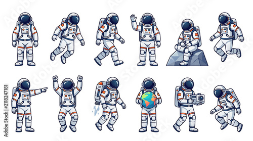 Collection of cartoon astronauts in various poses and activities.