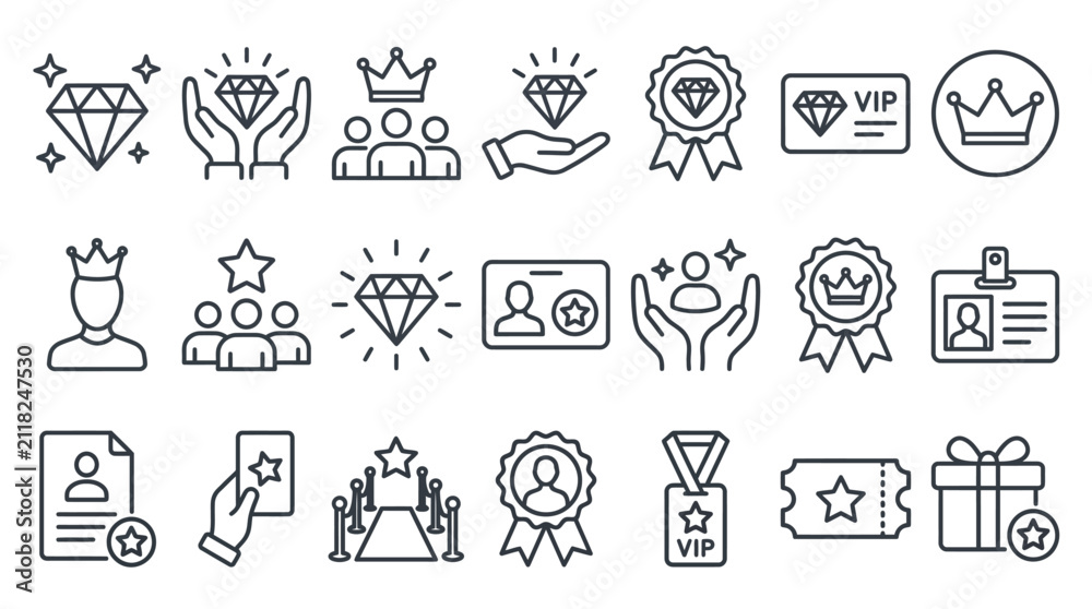 Fototapeta premium Loyalty and reward line icon set. Gift, VIP badge, trophy, loyalty card, redeem point minimal vector illustrations. Simple outline signs for bonus programs. 48x48 Pixel Perfect. Editable Stroke