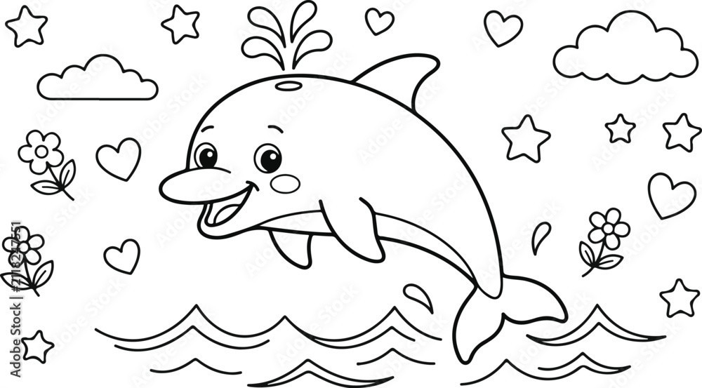 Obraz premium Cute cartoon dolphin jumping out of the water with flowers, hearts, stars, and clouds