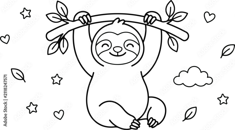 Obraz premium Cute cartoon sloth hanging on a tree branch with leaves, clouds, hearts, and stars