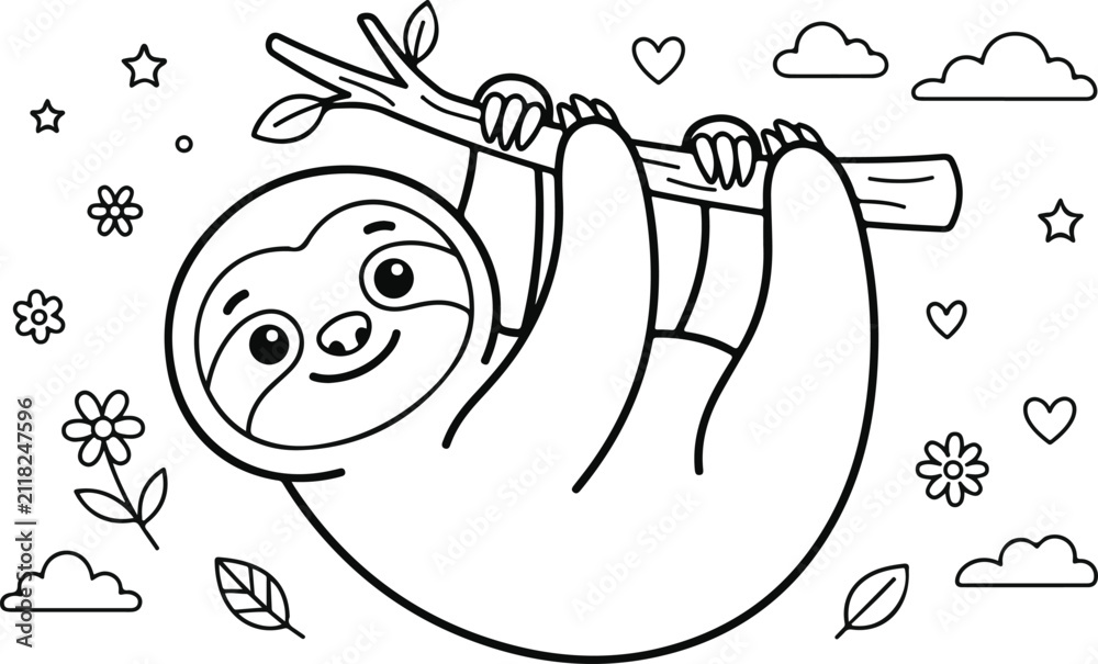 Fototapeta premium Cute cartoon sloth hanging on a tree branch with clouds, flowers, hearts, and stars