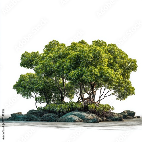 Island Oasis: A cluster of lush green trees thrives on a rocky island, a verdant sanctuary amidst calm waters.