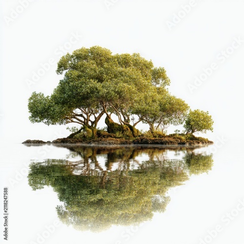 Island Oasis: A cluster of lush green trees stands majestically on a small island, their vibrant foliage mirrored in the still, calm water below, creating a serene and captivating natural spectacle.