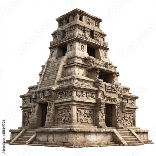 Ancient Temple Facade: A meticulously crafted stone temple, showcasing intricate carvings and stepped pyramid architecture, evokes a sense of historical grandeur and mystery.