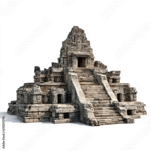 Ancient Temple Structure: An imposing stone temple, featuring intricate carvings and grand staircases, stands as a testament to ancient civilization and architectural prowess.