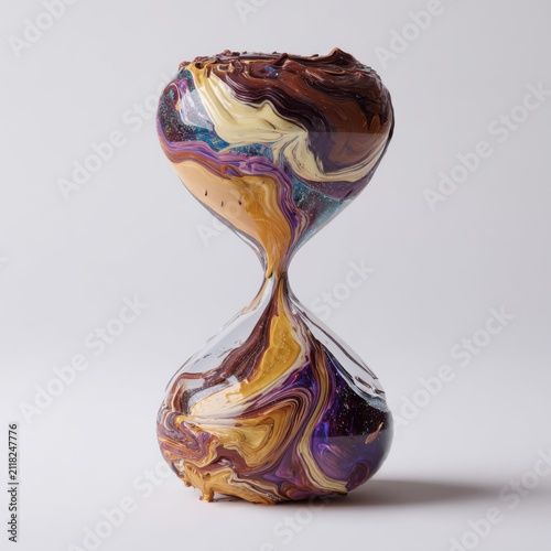 Swirling Sands of Time: An artistic hourglass filled with a vibrant, marbled mixture of brown, gold, purple, and cream sand, representing the fluid and beautiful passage of time.