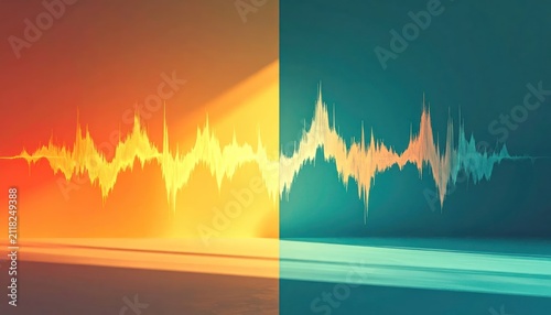 Abstract digital audio sound wave with teal and yellow light.