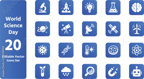 World Science Day Editable Vector Icon Set – Research, Innovation, STEM, Laboratory, Space and Technology Line Icons Collection