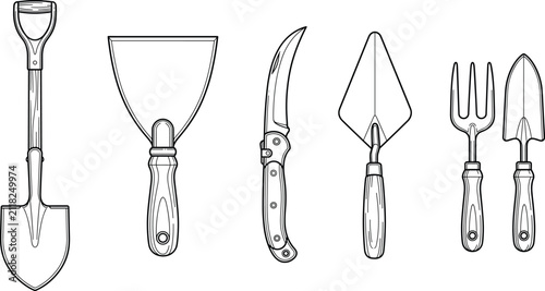 Gardening hand tools vector line icon set featuring shovel putty knife folding pocket knife trowel and hand fork