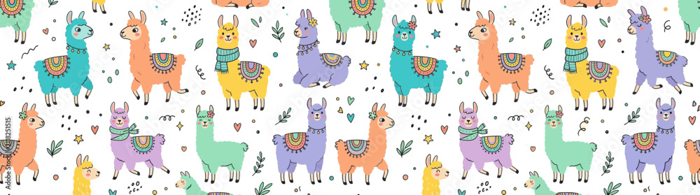 Obraz premium Cute Cartoon Llamas Seamless Pattern