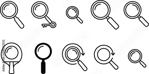 Fotografía Magnifying glass search zoom in lens key and ping pong paddle line art icons vec