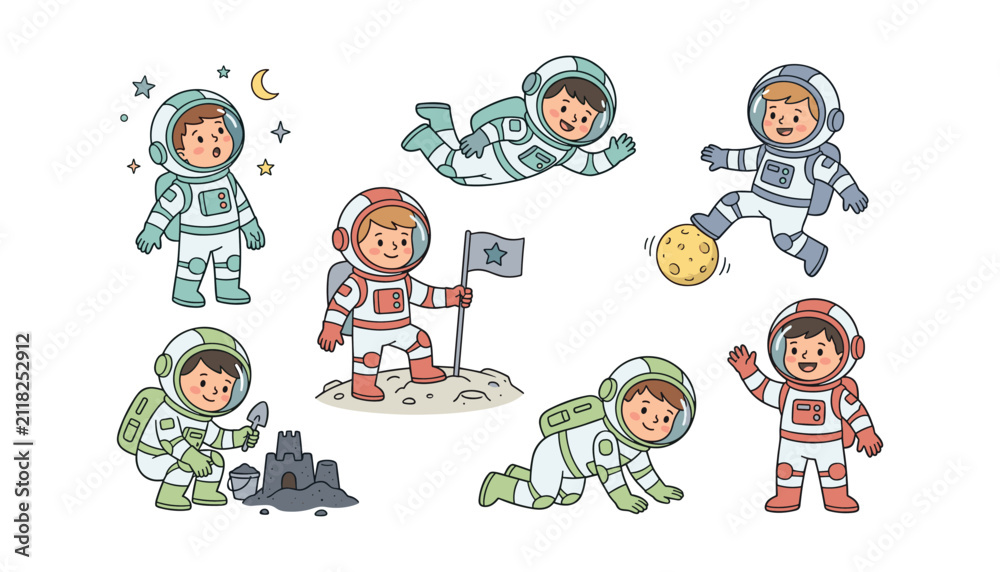 Fototapeta premium Cute kid astronaut character set exploring space floating planting flag and playing on moon vector