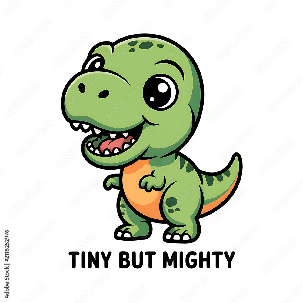 Obraz premium Cute cartoon baby dinosaur with the text tiny but mighty isolated on transparent background