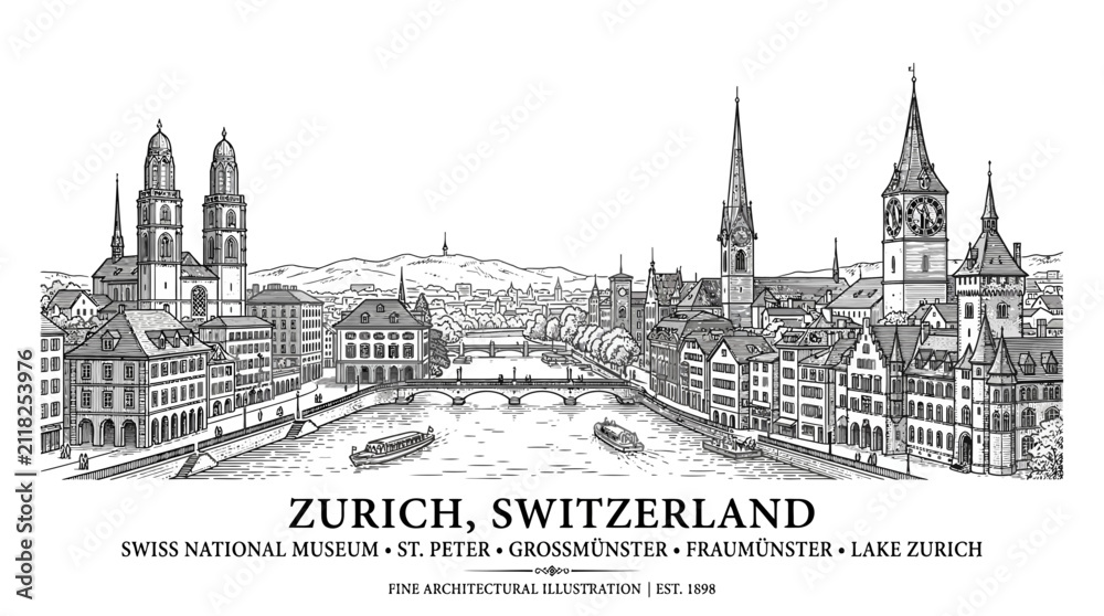 Fototapeta premium Zurich, Switzerland Cityscape Panorama - Hand-Drawn Architectural Illustration with Famous Landmarks