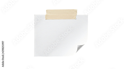 Blank white paper note with masking tape, square adhesive memo mockup on white background, minimalist paper scrap for reminders and office messages