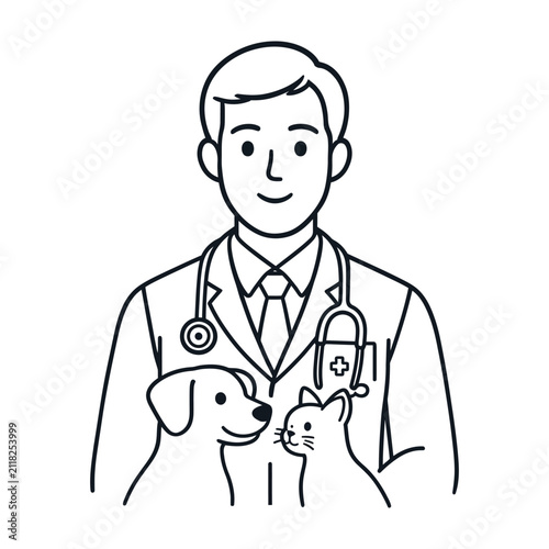 Friendly veterinarian smiling while wearing a stethoscope and standing with a dog and a cat