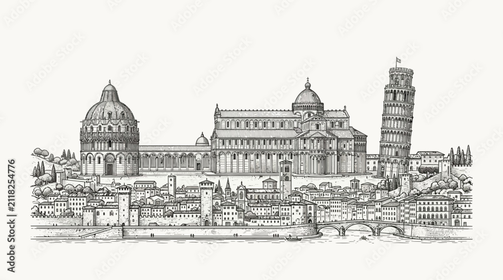 Obraz premium Pisa and Florence Skyline Panorama - Italian Landmark Illustration