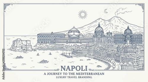 Napoli Cityscape Sketch: Iconic Italian Architecture, Bay & Mount Vesuvius, Luxury Travel Branding