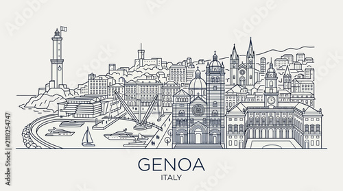 Genoa Skyline Illustration, Italy. Landmark Buildings, Lighthouse, Cathedral, Port, Sailboat. Cityscape Line Drawing
