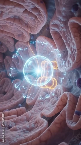 Mitochondrion inside cell showing energy production with glowing pathways and particles representing biochemical processes microscopic organelle biology pathway of cellular respiration and energy