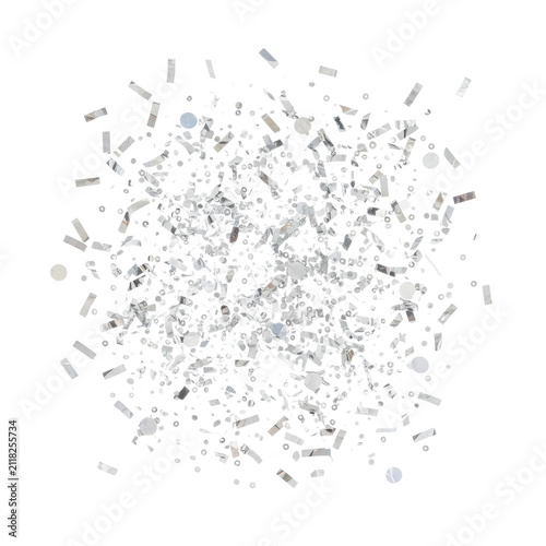 Shimmering silver metallic confetti pieces and circular sequins frozen in mid-air drifting down against a transparent background, festive celebratory atmosphere