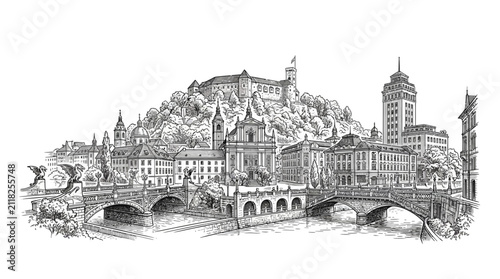 Ljubljana Castle and Old Town Panorama, Slovenia - Hand Drawn Sketch Illustration