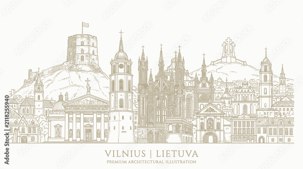 Obraz premium Vilnius Lithuania Skyline Line Art Illustration - Famous Landmarks and Architecture