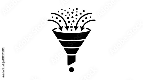 Data filtering funnel sorting particles and elements. Vector infographic icon for analytics, selection, and process optimization workflows.