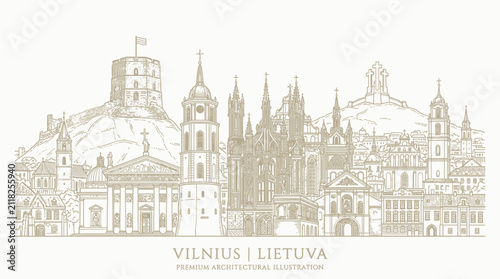Vilnius Lithuania Skyline Line Art Illustration - Famous Landmarks and Architecture