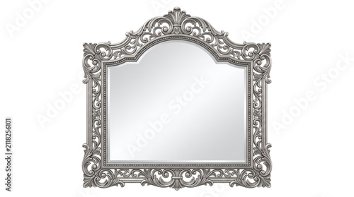 Vintage silver ornate mirror with baroque frame, antique wall mirror with decorative filigree, classic rococo style vanity mirror isolated on white