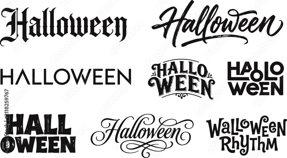Obraz premium Creative halloween typography bundle set featuring various artistic lettering styles and spooky decorative font designs for holiday projects