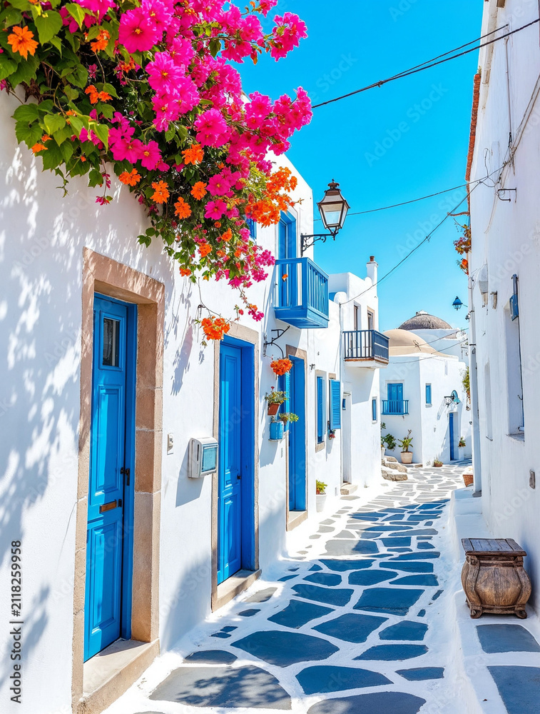 Fototapeta premium Narrow street in traditional Greek village with whitewashed houses, bright blue doors, and vibrant pink bougainvillea flowers blooming under clear blue sky on a sunny summer day.