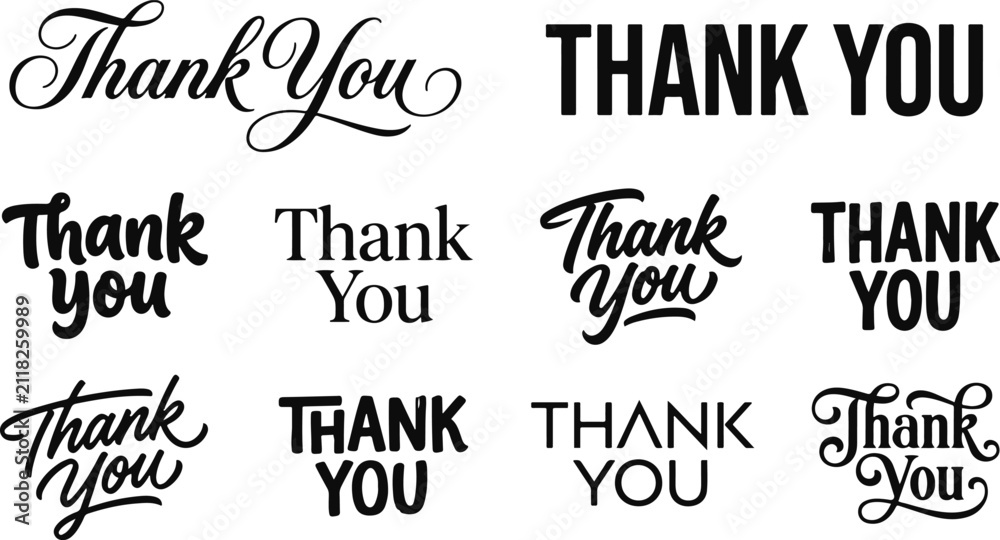 Obraz premium Collection of various thank you lettering styles in a professional typography bundle set for graphic design projects