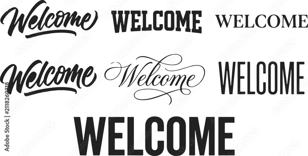 Fototapeta premium Creative welcome lettering typography bundle set featuring various artistic calligraphy and modern font styles for graphic design
