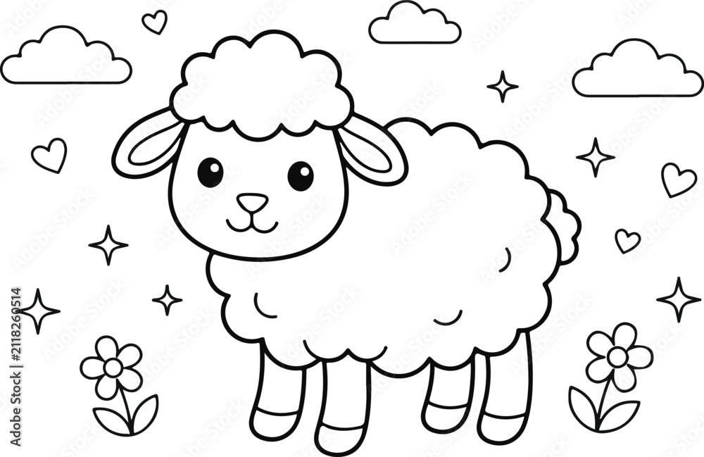 Obraz premium Cute fluffy sheep coloring page for kids with stars and clouds