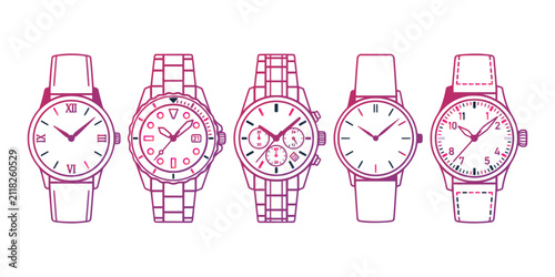 Obraz na płótnie Set of five different wristwatches with various designs