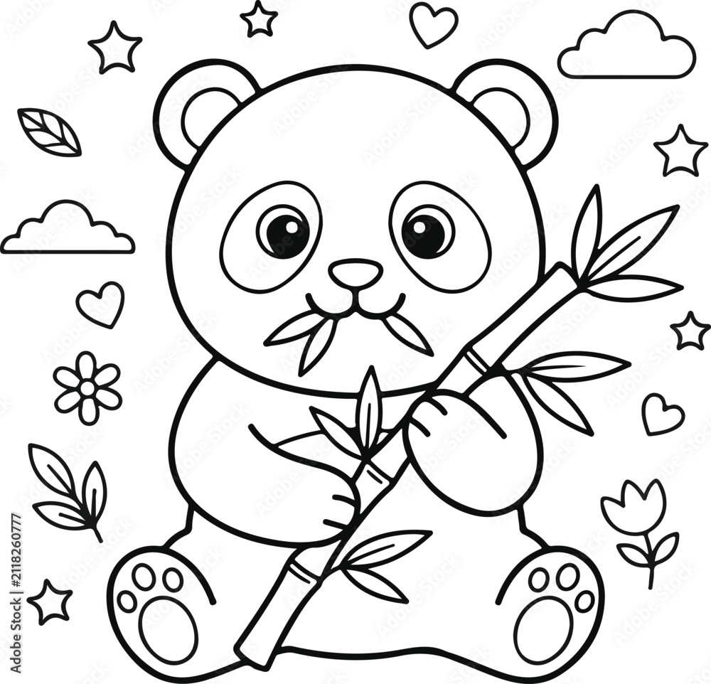 Obraz premium Cute panda bear eating bamboo leaves, coloring page for kids