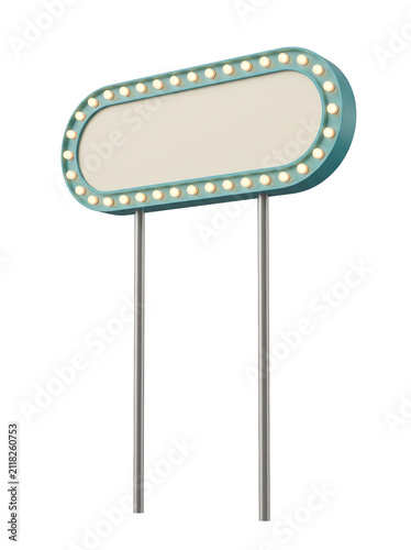 3D retro roadside sign, Retro marquee sign with glowing light bulbs and empty space