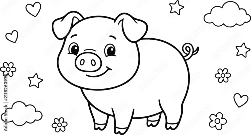Fototapeta premium Cute cartoon piglet coloring page for kids with hearts, stars, flowers, and clouds