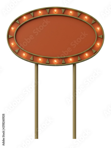 3D retro roadside sign, Retro oval marquee sign with glowing light bulbs and empty space