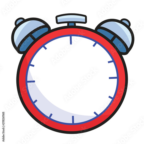 Red analog alarm clock without arrows or arms colorful illustration drawing isolated on white background.
