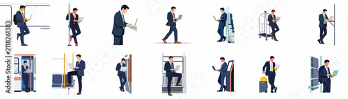 Collection of various businessmen working on laptops while commuting or traveling in urban environments such as trains, subways, and airports.