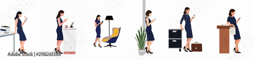Set of flat illustrations of a professional businesswoman using her smartphone in different office settings, showing digital distraction or online dating at work.