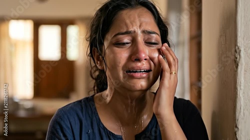A young woman weeps uncontrollably, her face contorted in anguish, tears streaming down her cheeks as she clutches her face in despair.