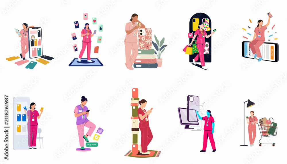 Fototapeta premium Illustrations of healthcare workers in pink and red scrubs shopping for various smartphone cases and accessories through online stores and mobile apps.
