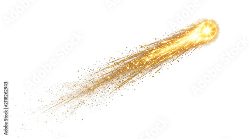 Golden sparkling comet with light trail on white background, glowing yellow fireball with glitter dust, magical shooting star effect for design